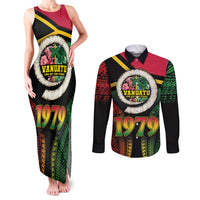 Vanuatu Constitution Day Couples Matching Tank Maxi Dress and Long Sleeve Button Shirt Polynesian Tattoo and Pig Tusk Since 1979