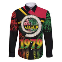 Vanuatu Constitution Day Family Matching Mermaid Dress and Hawaiian Shirt Polynesian Tattoo and Pig Tusk Since 1979 LT03 Dad's Shirt - Long Sleeve Black - Polynesian Pride