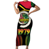 Vanuatu Constitution Day Short Sleeve Bodycon Dress Polynesian Tattoo and Pig Tusk Since 1979 LT03 Long Dress Black - Polynesian Pride