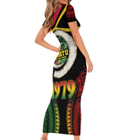 Vanuatu Constitution Day Short Sleeve Bodycon Dress Polynesian Tattoo and Pig Tusk Since 1979 LT03 - Polynesian Pride