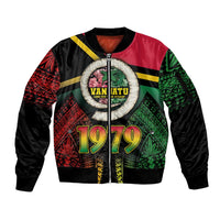 Vanuatu Constitution Day Sleeve Zip Bomber Jacket Polynesian Tattoo and Pig Tusk Since 1979 LT03 Unisex Black - Polynesian Pride