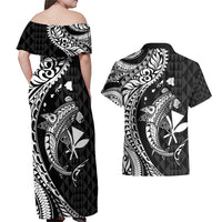 Aloha Hawaii Hammerhead Shark Couples Matching Off Shoulder Maxi Dress and Hawaiian Shirt Black Kakau and Polynesian Tattoo LT03