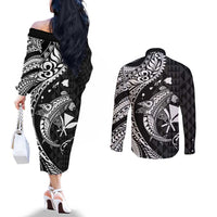 Aloha Hawaii Hammerhead Shark Couples Matching Off The Shoulder Long Sleeve Dress and Long Sleeve Button Shirt Black Kakau and Polynesian Tattoo LT03 - Polynesian Pride