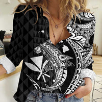 Aloha Hawaii Hammerhead Shark Women Casual Shirt Black Kakau and Polynesian Tattoo LT03