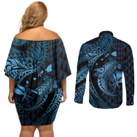 Aloha Hawaii Hammerhead Shark Couples Matching Off Shoulder Short Dress and Long Sleeve Button Shirt Blue Kakau and Polynesian Tattoo LT03