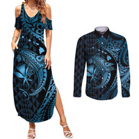 Aloha Hawaii Hammerhead Shark Couples Matching Summer Maxi Dress and Long Sleeve Button Shirt Blue Kakau and Polynesian Tattoo LT03