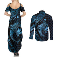 Aloha Hawaii Hammerhead Shark Couples Matching Summer Maxi Dress and Long Sleeve Button Shirt Blue Kakau and Polynesian Tattoo LT03