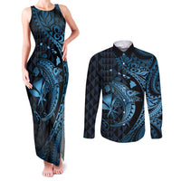 Aloha Hawaii Hammerhead Shark Couples Matching Tank Maxi Dress and Long Sleeve Button Shirt Blue Kakau and Polynesian Tattoo LT03