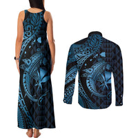 Aloha Hawaii Hammerhead Shark Couples Matching Tank Maxi Dress and Long Sleeve Button Shirt Blue Kakau and Polynesian Tattoo LT03