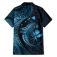 Aloha Hawaii Hammerhead Shark Family Matching Off The Shoulder Long Sleeve Dress and Hawaiian Shirt Blue Kakau and Polynesian Tattoo LT03 - Polynesian Pride