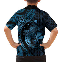 Aloha Hawaii Hammerhead Shark Family Matching Off Shoulder Short Dress and Hawaiian Shirt Blue Kakau and Polynesian Tattoo LT03 - Polynesian Pride