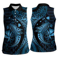 Aloha Hawaii Hammerhead Shark Women Sleeveless Polo Shirt Blue Kakau and Polynesian Tattoo LT03