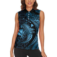 Aloha Hawaii Hammerhead Shark Women Sleeveless Polo Shirt Blue Kakau and Polynesian Tattoo LT03