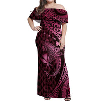 Aloha Hawaii Hammerhead Shark Off Shoulder Maxi Dress Pink Kakau and Polynesian Tattoo LT03