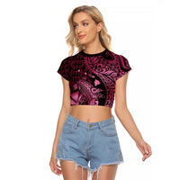 Aloha Hawaii Hammerhead Shark Raglan Cropped T Shirt Pink Kakau and Polynesian Tattoo LT03