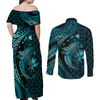 Aloha Hawaii Hammerhead Shark Couples Matching Off Shoulder Maxi Dress and Long Sleeve Button Shirt Turquoise Kakau and Polynesian Tattoo LT03