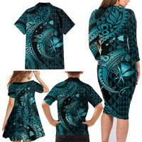 Aloha Hawaii Hammerhead Shark Family Matching Long Sleeve Bodycon Dress and Hawaiian Shirt Turquoise Kakau and Polynesian Tattoo LT03