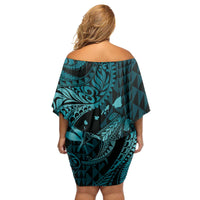 Aloha Hawaii Hammerhead Shark Family Matching Off Shoulder Short Dress and Hawaiian Shirt Turquoise Kakau and Polynesian Tattoo LT03