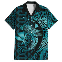 Aloha Hawaii Hammerhead Shark Family Matching Summer Maxi Dress and Hawaiian Shirt Turquoise Kakau and Polynesian Tattoo LT03 Dad's Shirt - Short Sleeve Turquoise - Polynesian Pride