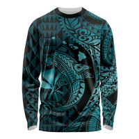 Aloha Hawaii Hammerhead Shark Long Sleeve Shirt Turquoise Kakau and Polynesian Tattoo LT03 Unisex Turquoise - Polynesian Pride