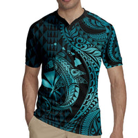 Aloha Hawaii Hammerhead Shark Rugby Jersey Turquoise Kakau and Polynesian Tattoo LT03