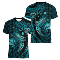 Aloha Hawaii Hammerhead Shark Women V-Neck T-Shirt Turquoise Kakau and Polynesian Tattoo LT03