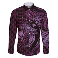 Aloha Hawaii Hammerhead Shark Family Matching Mermaid Dress and Hawaiian Shirt Purple Kakau and Polynesian Tattoo LT03 Dad's Shirt - Long Sleeve Purple - Polynesian Pride