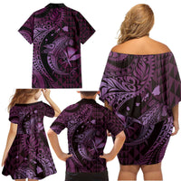 Aloha Hawaii Hammerhead Shark Family Matching Off Shoulder Short Dress and Hawaiian Shirt Purple Kakau and Polynesian Tattoo LT03