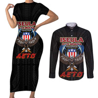 American Samoa Fautasi Couples Matching Short Sleeve Bodycon Dress and Long Sleeve Button Shirt Pago Pago Aeto and Iseula o le Moana of Fagatogo Black Color - Polynesian Pride