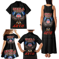 American Samoa Fautasi Family Matching Tank Maxi Dress and Hawaiian Shirt Pago Pago Aeto and Iseula o le Moana of Fagatogo Black Color - Polynesian Pride