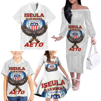 American Samoa Fautasi Family Matching Off The Shoulder Long Sleeve Dress and Hawaiian Shirt Pago Pago Aeto and Iseula o le Moana of Fagatogo White Color - Polynesian Pride