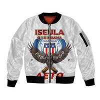 American Samoa Fautasi Sleeve Zip Bomber Jacket Pago Pago Aeto and Iseula o le Moana of Fagatogo White Color - Polynesian Pride
