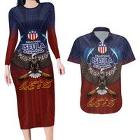 American Samoa Fautasi Couples Matching Long Sleeve Bodycon Dress and Hawaiian Shirt Pago Pago Aeto and Iseula o le Moana of Fagatogo Red-Blue - Polynesian Pride