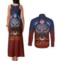American Samoa Fautasi Couples Matching Tank Maxi Dress and Long Sleeve Button Shirt Pago Pago Aeto and Iseula o le Moana of Fagatogo Red-Blue - Polynesian Pride