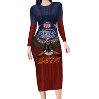 American Samoa Fautasi Family Matching Long Sleeve Bodycon Dress and Hawaiian Shirt Pago Pago Aeto and Iseula o le Moana of Fagatogo Red-Blue - Polynesian Pride