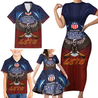 American Samoa Fautasi Family Matching Short Sleeve Bodycon Dress and Hawaiian Shirt Pago Pago Aeto and Iseula o le Moana of Fagatogo Red-Blue - Polynesian Pride