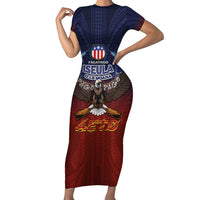 American Samoa Fautasi Family Matching Short Sleeve Bodycon Dress and Hawaiian Shirt Pago Pago Aeto and Iseula o le Moana of Fagatogo Red-Blue - Polynesian Pride