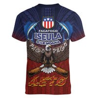 American Samoa Fautasi Women V-Neck T-Shirt Pago Pago Aeto and Iseula o le Moana of Fagatogo Red-Blue - Polynesian Pride