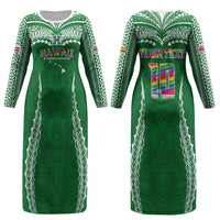 Custom Hawaii Rainbow Warriors Couples Matching Long Sleeve Bodycon Dress and Hawaiian Shirt Polynesian Motif Green Color
