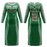 Custom Hawaii Rainbow Warriors Couples Matching Long Sleeve Bodycon Dress and Long Sleeve Button Shirt Polynesian Motif Green Color