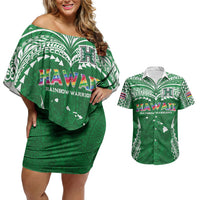 Custom Hawaii Rainbow Warriors Couples Matching Off Shoulder Short Dress and Hawaiian Shirt Polynesian Motif Green Color