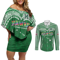Custom Hawaii Rainbow Warriors Couples Matching Off Shoulder Short Dress and Long Sleeve Button Shirt Polynesian Motif Green Color