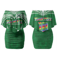 Custom Hawaii Rainbow Warriors Couples Matching Off Shoulder Short Dress and Long Sleeve Button Shirt Polynesian Motif Green Color
