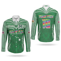 Custom Hawaii Rainbow Warriors Couples Matching Off The Shoulder Long Sleeve Dress and Long Sleeve Button Shirt Polynesian Motif Green Color