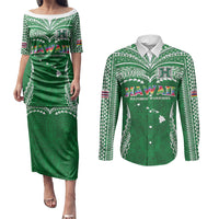 Custom Hawaii Rainbow Warriors Couples Matching Puletasi and Long Sleeve Button Shirt Polynesian Motif Green Color