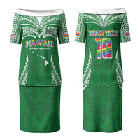 Custom Hawaii Rainbow Warriors Couples Matching Puletasi and Long Sleeve Button Shirt Polynesian Motif Green Color