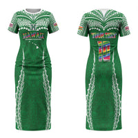 Custom Hawaii Rainbow Warriors Couples Matching Short Sleeve Bodycon Dress and Long Sleeve Button Shirt Polynesian Motif Green Color