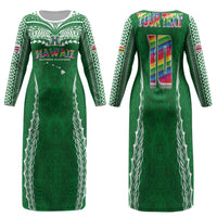 Custom Hawaii Rainbow Warriors Family Matching Long Sleeve Bodycon Dress and Hawaiian Shirt Polynesian Motif Green Color