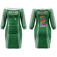 Custom Hawaii Rainbow Warriors Family Matching Off The Shoulder Long Sleeve Dress and Hawaiian Shirt Polynesian Motif Green Color