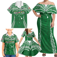 Custom Hawaii Rainbow Warriors Family Matching Off Shoulder Maxi Dress and Hawaiian Shirt Polynesian Motif Green Color